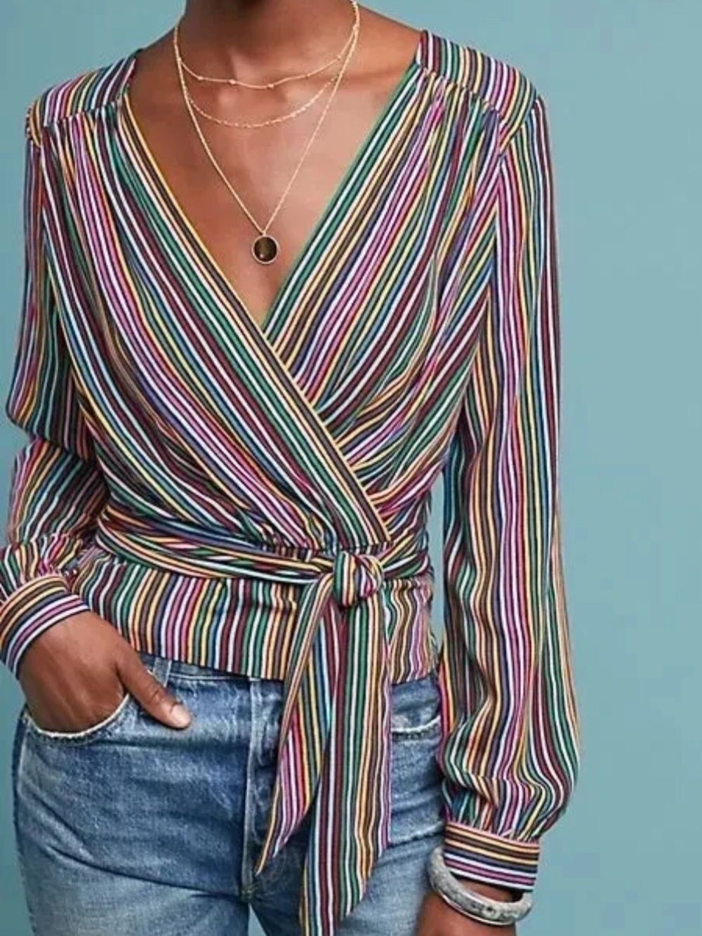 NWT Maeve by Anthropologie Rainbow Striped Wrap Blouse MultiColor Size 4
